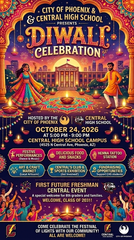 Diwali Celebration poster shows a couple dancing, traditional buildings, and a cityscape. Event details include date, time, and location. Features include performances, food, art market, club activities, tattoo station, and fundraising.
