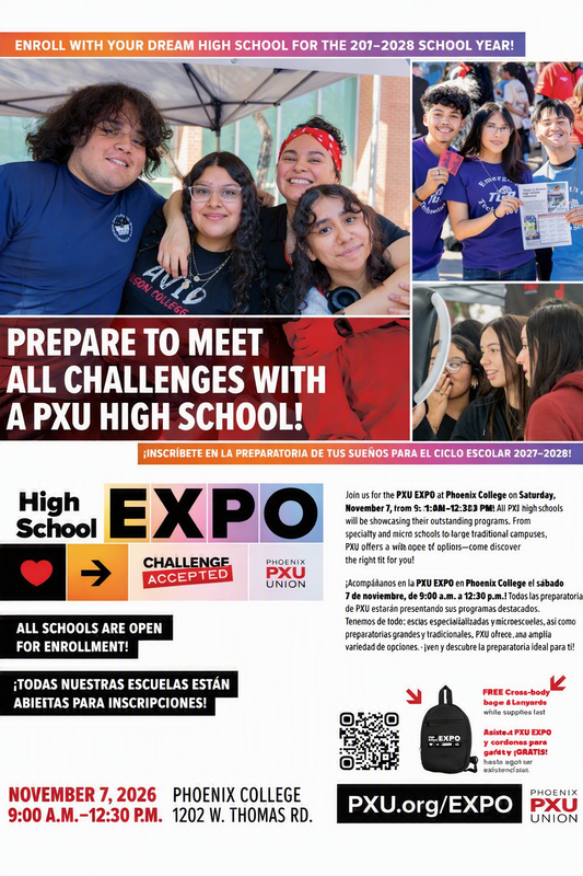 An advertisement features a group of people at a high school expo, with text promoting enrollment and challenges.
