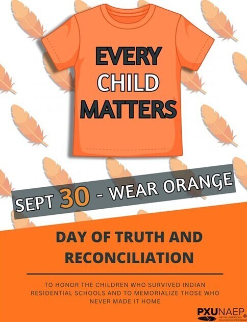 An orange t-shirt displays "EVERY CHILD MATTERS" on a background of orange feathers. The bottom has "Sept 30 - Wear Orange" and "Day of Truth and Reconciliation".