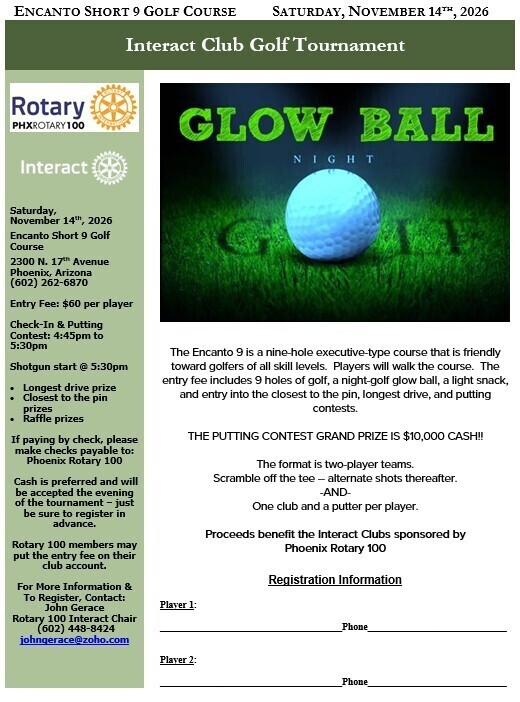 Interact Club Golf Tournament flyer for November 14, 2026, featuring Rotary 100 and Interact logos, a Glow Ball Night golf image, event details, tournament contests, registration information, and a $10,000 putting contest grand prize.
