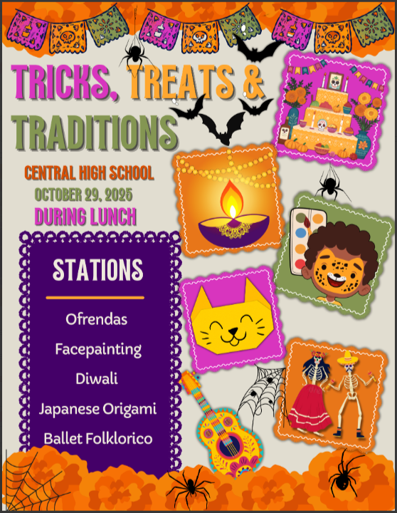 colorful flyer with an oil lamo, marigold flower, cake, facepainting, guitar, cats and dance