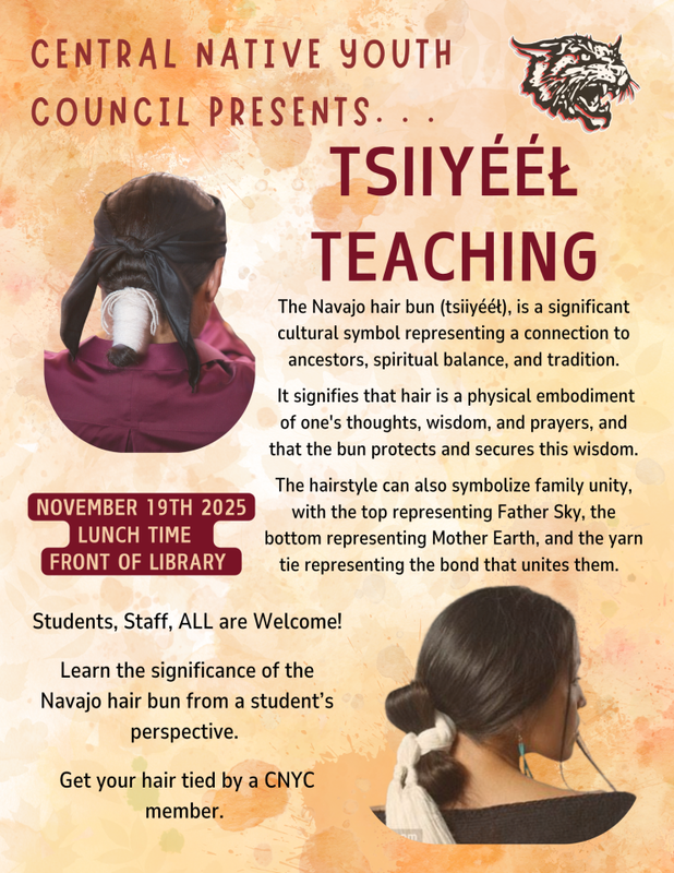 yellowish background with native bun styles and a bobcat face