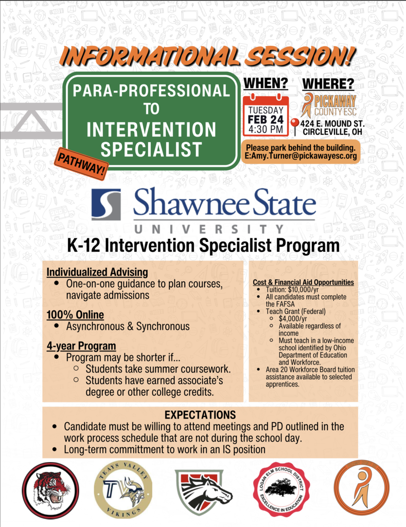 Paraprofessional to intervention specialist pathway informational meeting on 2-24-26 at 4:30pm at 424 E. Mound Street, Circleville, OH