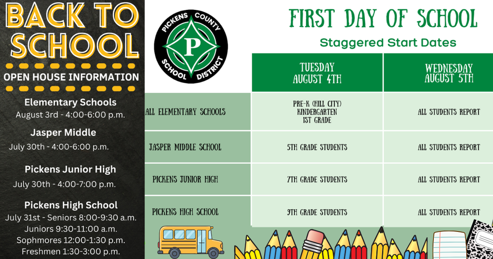 JMS Open House is July 30 from 4 pm to 6 pm. 5th Grade begins school on August 4 and 6th Grade begins school on August 5