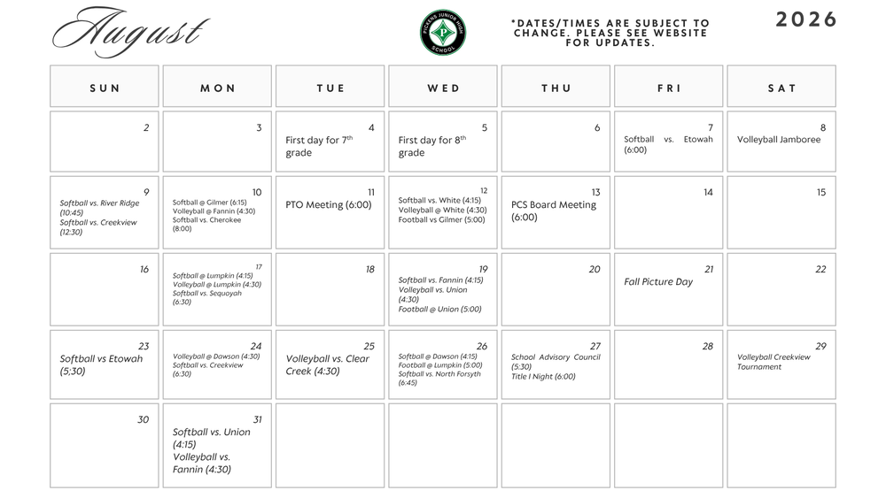 PJHS August Calendar