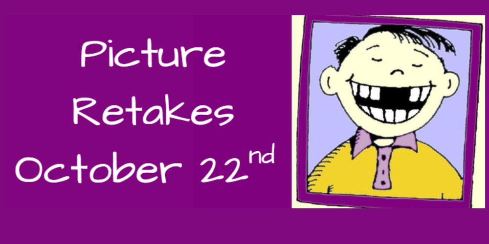 Purple banner reading “Picture Retakes October 22” with a cartoon grin of a person in a yellow shirt and purple tie inside a bordered frame.