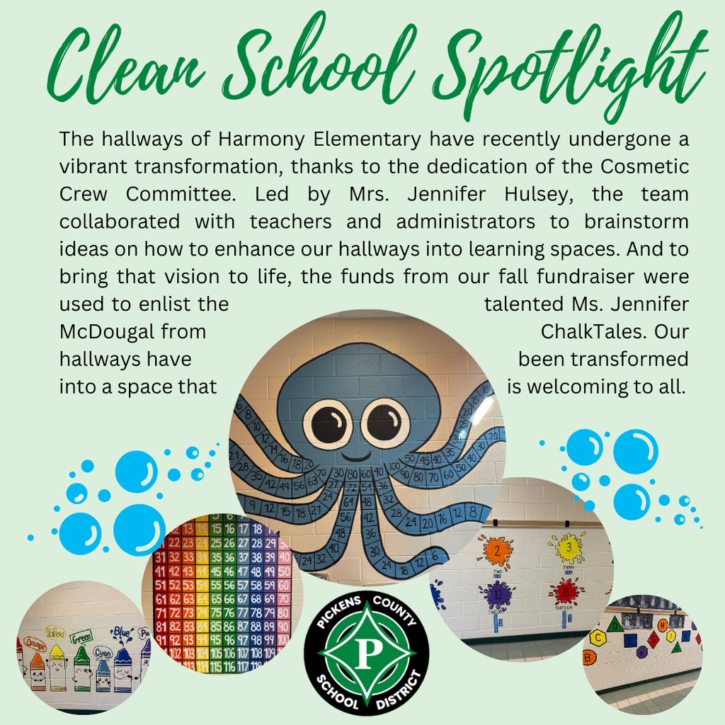 The hallways of Harmony Elementary have recently undergone a vibrant transformation, thanks to the dedication of the Cosmetic Crew Committee. Led by Mrs. Jennifer Hulsey, the team collaborated with teachers and administrators to brainstorm ideas on how to enhance our hallways into learning spaces. And to bring that vision to life, the funds from our fall fundraiser were used to enlist the talented Ms. Jennifer McDougal from ChalkTales. Our hallways have been transformed into a space that is welcoming to all.