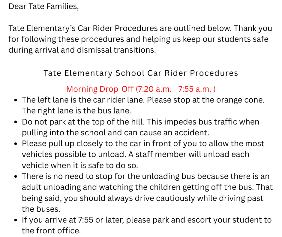 Morning Drop Off Instructions