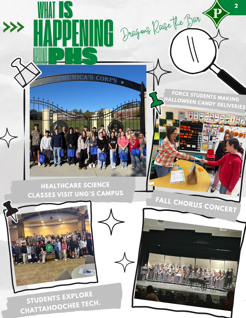 Newletter Page 2. Picture of Healthcare Science, Fall Chorus, Students going to Chatt Tech and Students making candy delivery