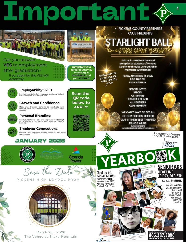 Newsletter page 4. Employment information, Starlight Ball, Prom March 28, 2026 and Yearbook link purchase