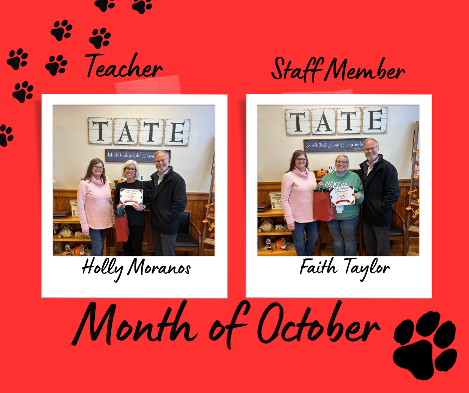 Two pictures as a polaroid image with three people in each picture standing in the front office holding a gift bag and a certificate 