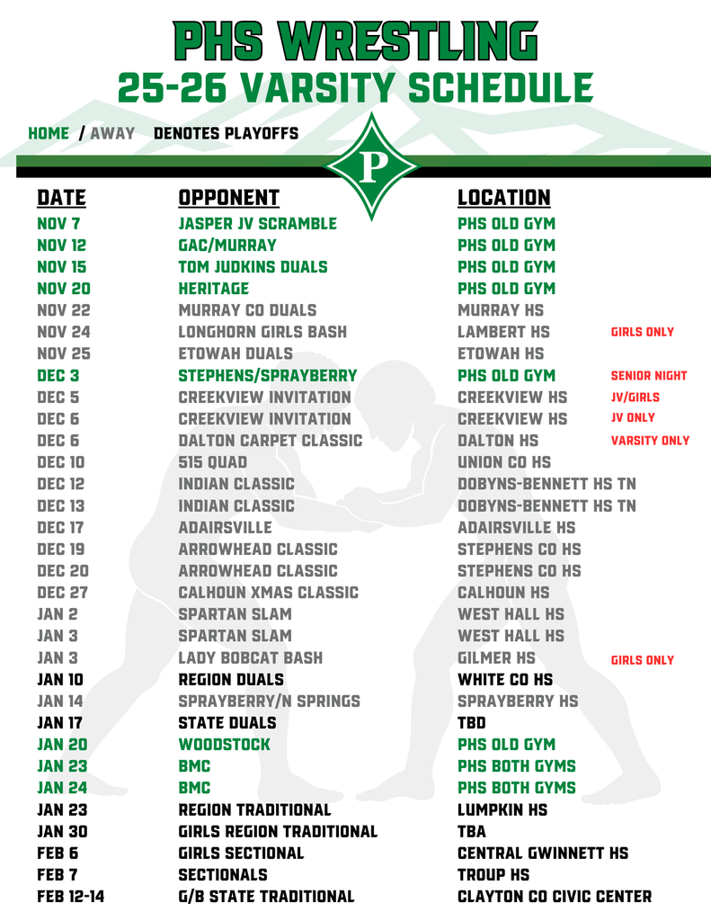 PHs Wrestling Schedule