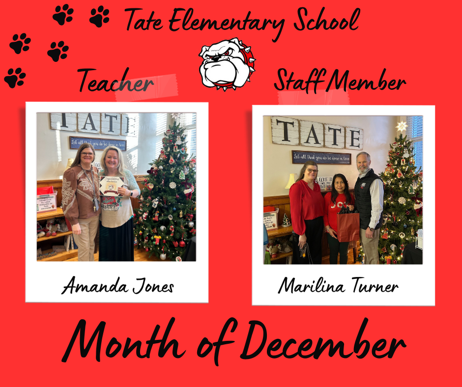 Two polaroid pictures. One with two women in front of a Christmas Tree and the other one has a man and two women in front of a Christmas Tree
