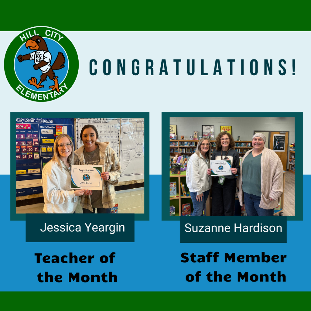 Congratulations to our Teacher of the Month, Jessica Yeargin, and our Staff Member of the Month, Suzanne Hardison