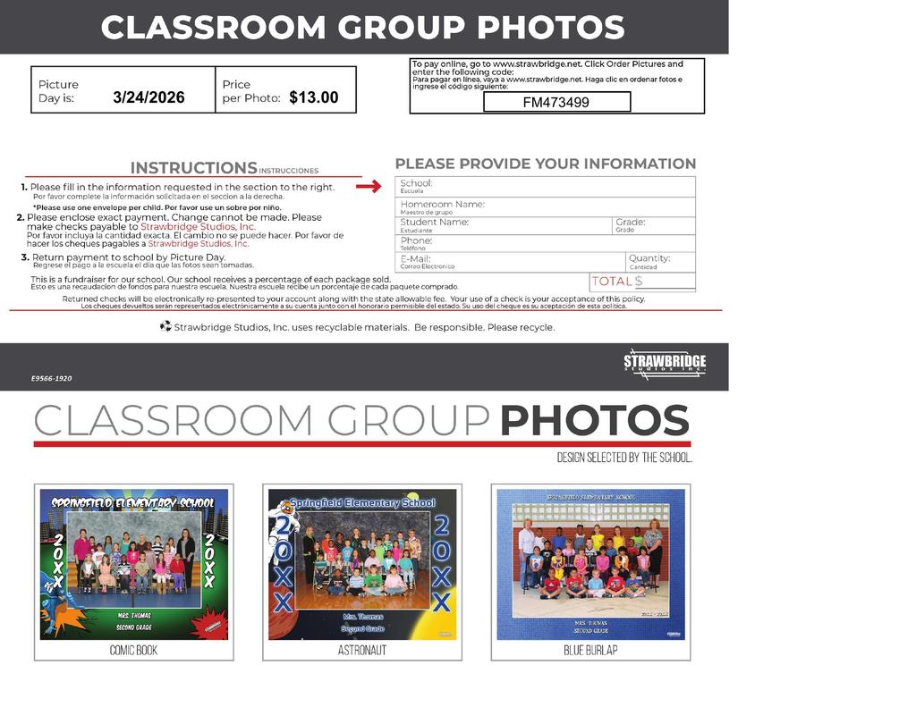 Spring Picture Day is March 24th! Classroom Group photos are prepay only.