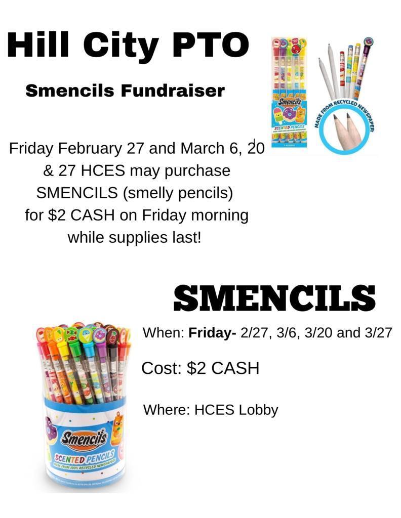 Fridays = Smencils!   Next Friday, March 27th, is the FINAL Friday PTO will be selling Smencils—so don’t miss your last chance to stock up!  Remember, they’re just $2 each. Grab yours while you can!
