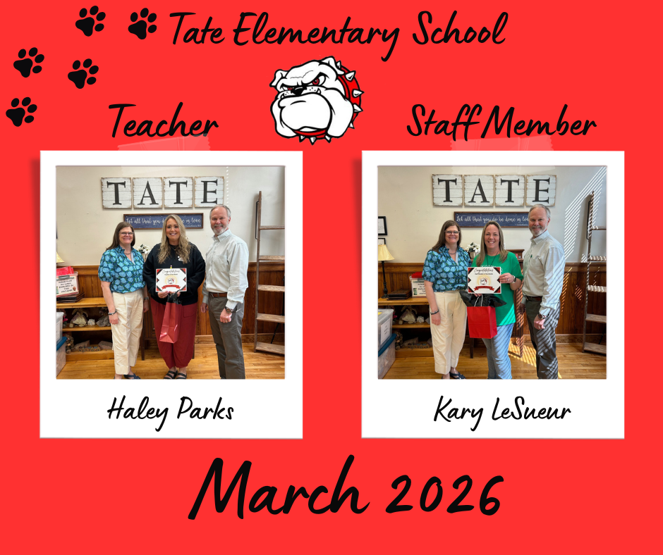 Teacher Haley Parks Staff Member Kary LeSueur March 2026 two polarid images with three people each the person in the middle is holding a gift bag and a certificate
