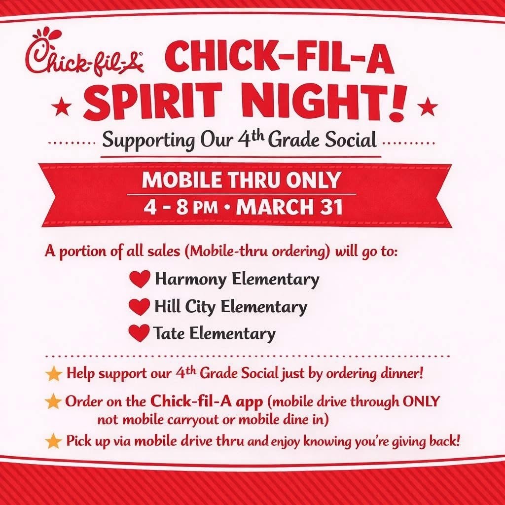 Support our 4th Grade Social just by grabbing dinner tonight! 🎉  It’s Chick-fil-A Spirit Night! Order through the Chick-fil-A app (mobile drive-thru ONLY) and a portion of your purchase will go right back to support 4th graders at HCES, HES, and TES.