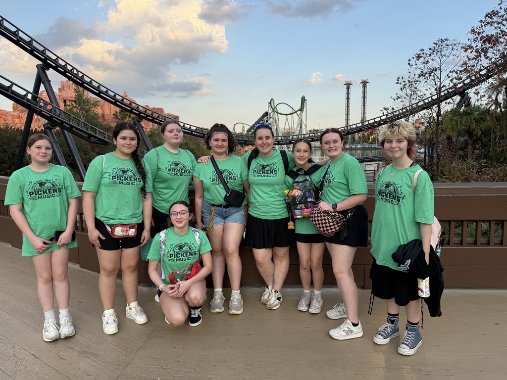 8 students and Mrs. Tolar standing in front of a roller coaster wearing green T-shirts