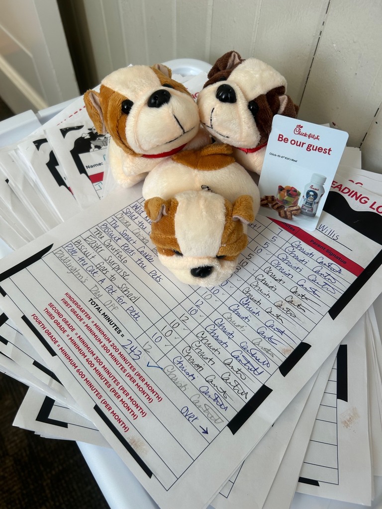 stuffed animals, chick fil a gift card and reading logs