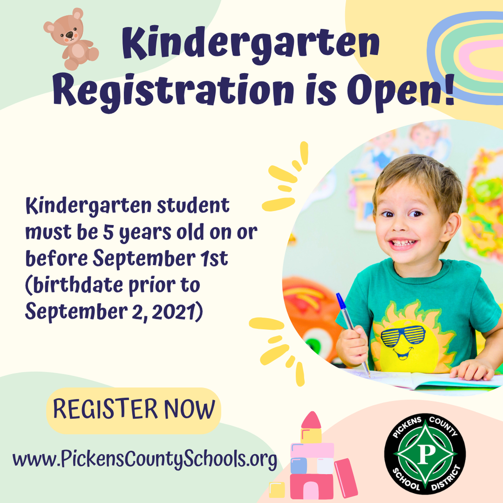 Kindergarten registration is open! For more information, visit our Kindergarten Registration page at https://www.pickens.k12.ga.us/.../kindergarten-enrollment