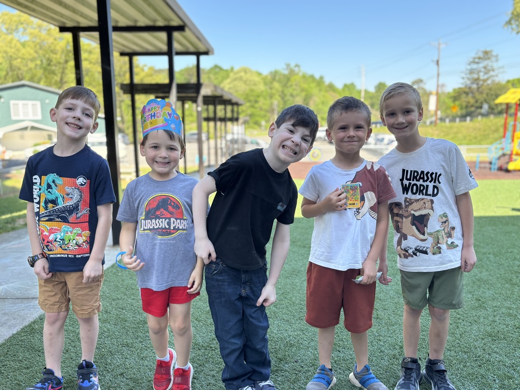 five boys wearing dinosaur shirts standing on a playground