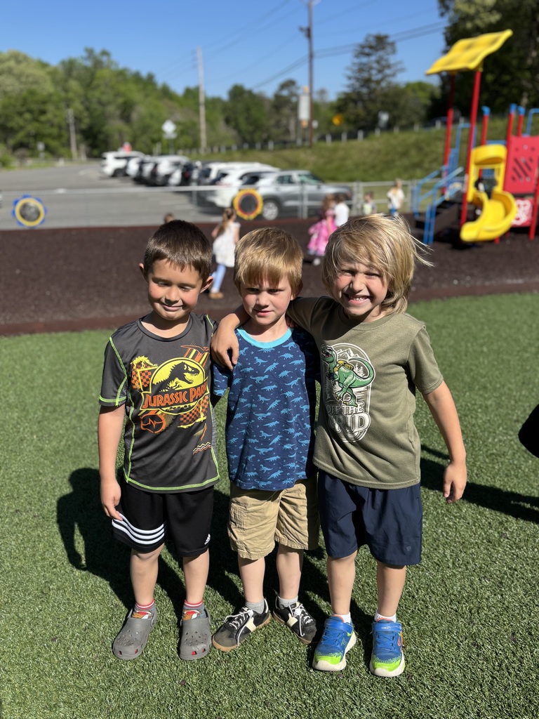 three boys wearing dinosaur shirts standing on a playground