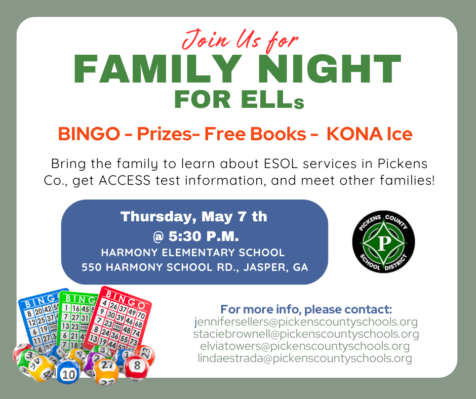 Join us for Family Night for ELL's.  Thursday, May 7th at 5:30 at HES