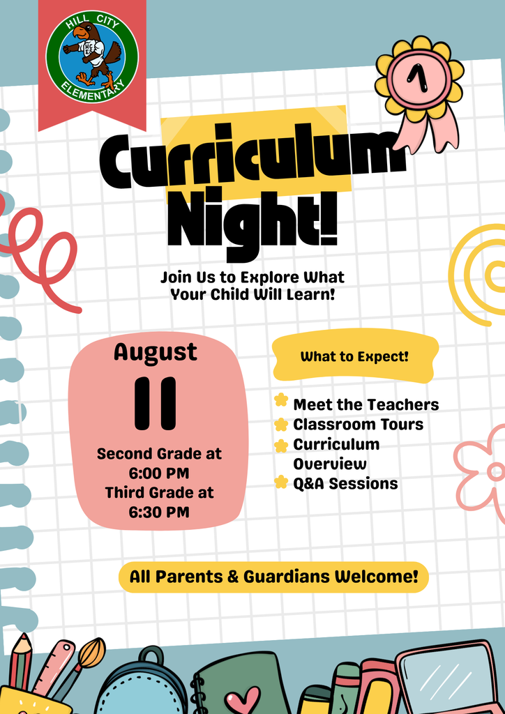 Tonight is Curriculum Night for second grade and third grade. What to expect: Meet the teachers, classroom tours, curriculum overview, and Q & A. Second Grade: 6:00 p.m . Third Grade: 6:30 p.m.