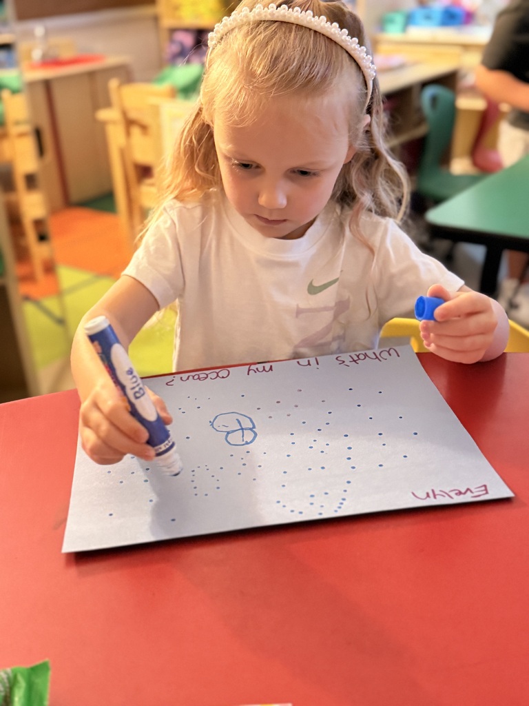 Mrs. Allen's PreK students drew their own ocean while learning about oceans.