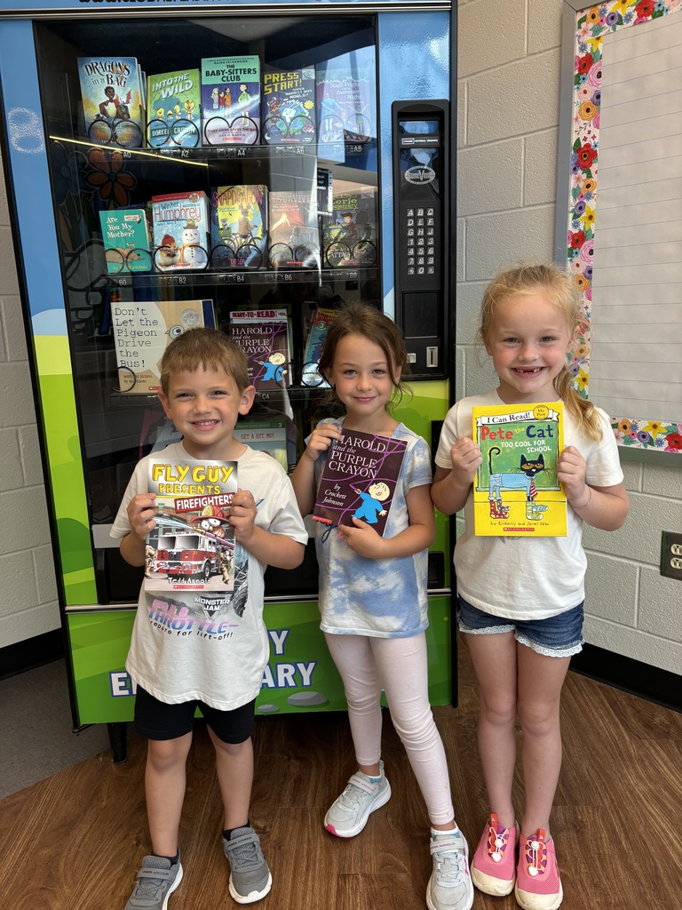 ongratulations to James, Kendall, and Kinsley! These hardworking kindergartners in Mrs. Jenkins’ classroom mastered their letters, letter sounds, and numbers 0–20—and earned a special visit to the Book Vending Machine! Way to go!