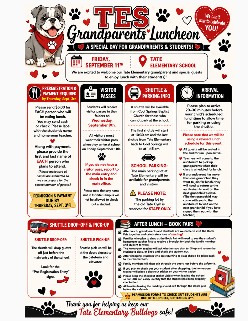 Flyer for “TES Grandparents Luncheon” at Tate Elementary School, listing date Friday Sept 11, 2020, check-in and parking details, shuttle and arrival information, and a book fair after lunch with hearts and paw prints.