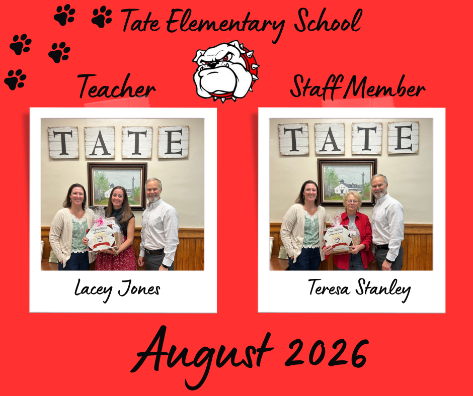 tate elementary school teacher and staff member of the month. Red background two pictures of the staff and teacher of the year with a red background