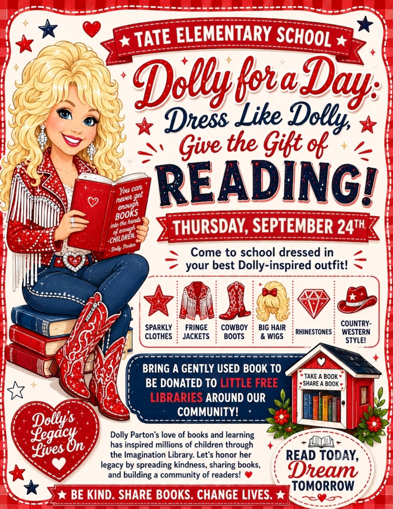 Colorful poster for “Dolly for a Day” at Tate Elementary School, featuring a blonde doll reading beside books and a red banner with “READING!” plus date Thursday, September 24th and a donation and library promotion message.