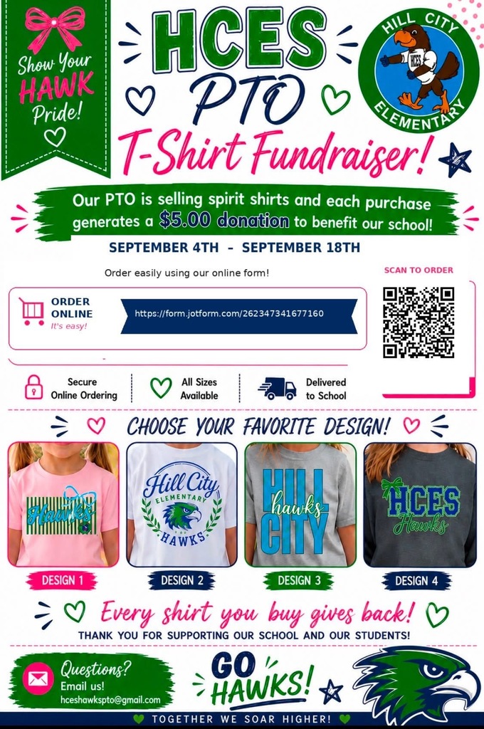 Show your Hill City Hawk spirit! 💙  Our P.T.O. is hosting a T-shirt fundraiser, and just look at all the cute designs! 👕 Every purchase gives $5 back to our school, so it’s a win-win!