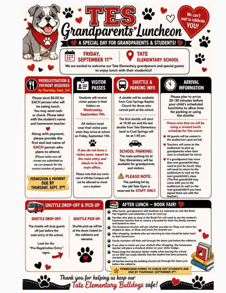 Flyer for “TES Grandparents Luncheon” with a cartoon dog and paw prints, listing dates, times, registration and visitor info, shuttle and parking details, school parking rules, and after-lunch book fair notes.