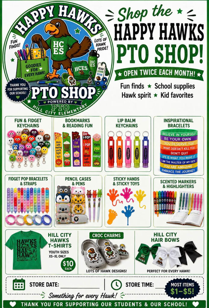 The Happy Hawks PTO Shop is open twice each month. Tomorrow is the first day!