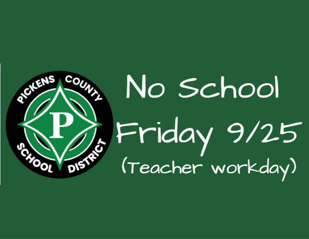 Circular green-and-black logo with a white letter “P” in the center and two curved lines of text around it, with a small leaf-like emblem above the “P”. No school Friday, 9/25 Teacher workday in parenthesis.