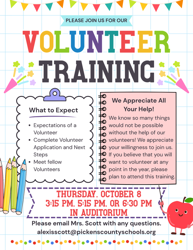 Colorful volunteer training flyer with “VOLUNTEER TRAINING,” details on what to expect and appreciation notes, and date/time “Thursday, October 8, 3:15 PM–5 PM in Auditorium,” plus contact email and pencils, confetti, and a red mascot.
