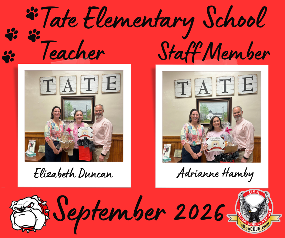 Red school poster titled “Tate Elementary School” showing two labeled photos: “Teacher Elizabeth Duncan” and “Staff/Member Adrianne Hamby,” each holding a framed award, with “Tate” blocks above and “September 2026” at the bottom.