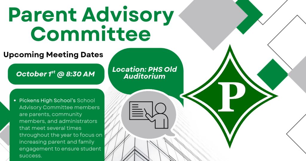 PHS Parent Advisory committee Oct. 1, 2027 8:30 am PHS Auditorium