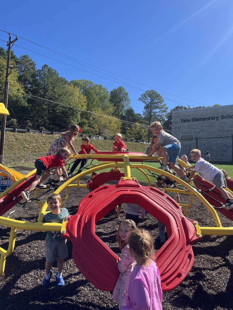 Children climb and play on a red-and-yellow outdoor playground equipment, smiling as they hold the bars under a bright blue sky near a field and trees.