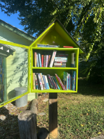 A bright green and yellow outdoor bookshelf sits on wooden posts in a grassy garden, with open shelves filled with books and trees in the background.