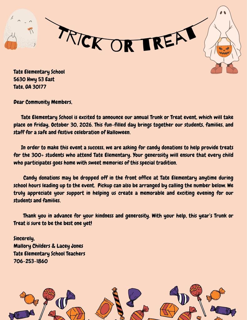 Halloween-themed flyer with “TRICK OR TREAT” heading, small illustrated pumpkins and ghosts on a peach background, and several blocks of text with a child in a costume holding a bag.