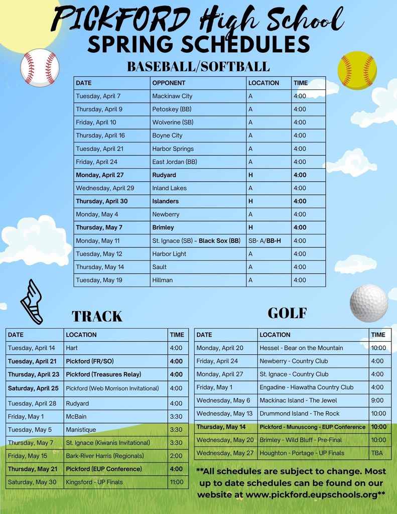 Spring sports schedules