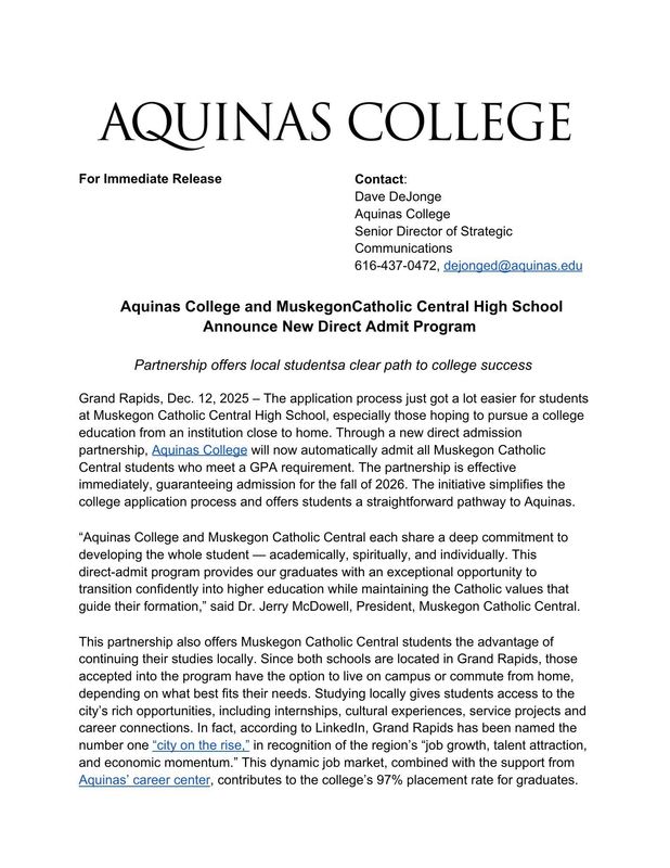 Direct Admissions to Aquinas letter