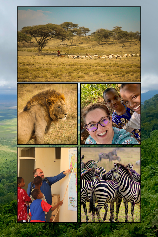 A collage of pictures taken in Tanzania, Africa. From lions and zebras to the beautiful landscape and teachers working with students.