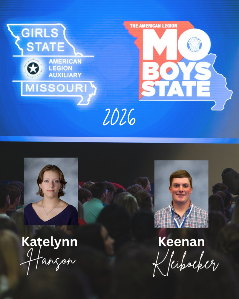 graphic with missouri state shape with girls state and boys state on it. picture of katelynn and keenan
