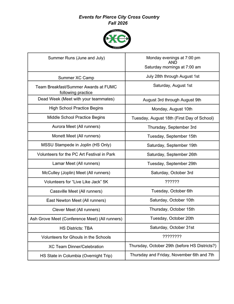xc schedule