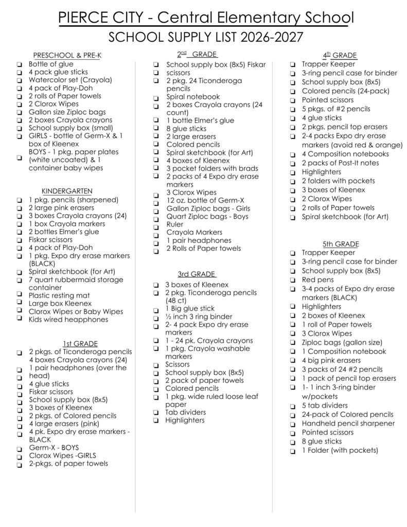 central school supply lists